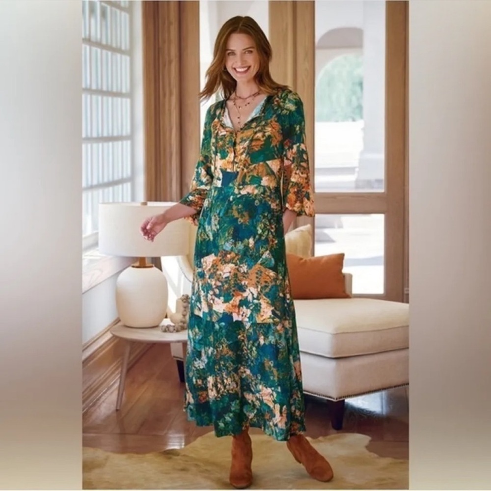 NWT Soft Surroundings Dakota Long Sleeve Abstract Floral Boho Maxi Dress Sz XSP